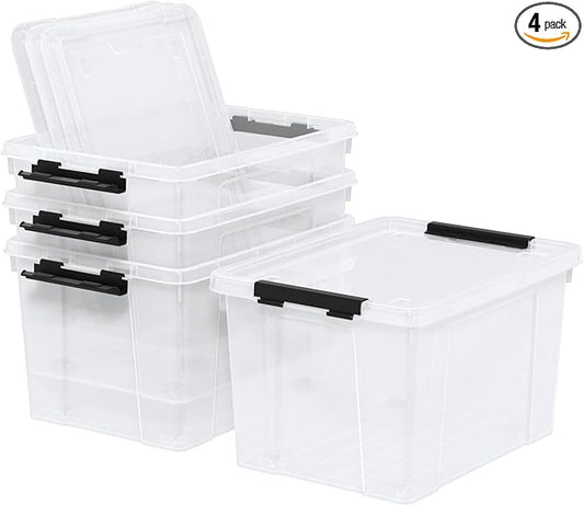 22 Quart Stackable Plastic Storage Bins with Lids and Latching Buckles, 4 Pack Tubs Boxes Organizing, Clear