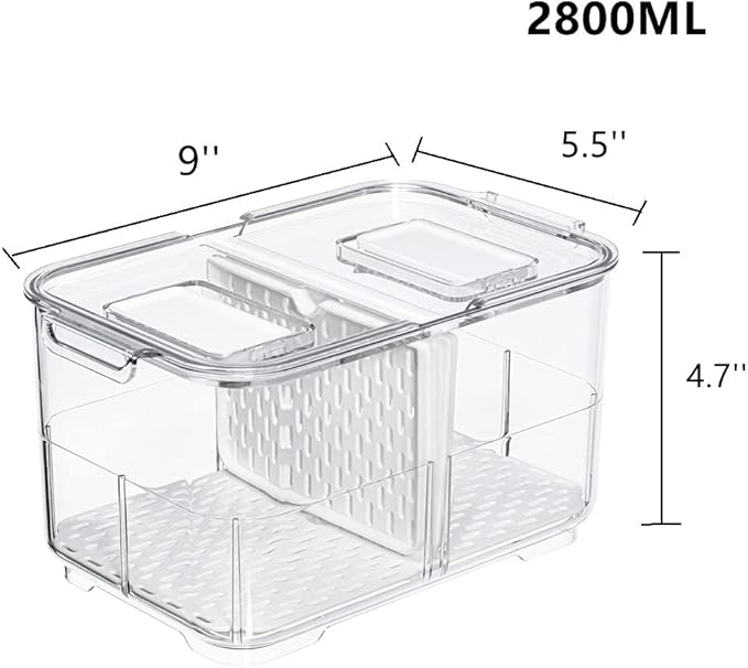 Lettuce Keeper Fridge Food Storage Container, Fresh Produce Saver Organizer Keeper Bins with Lids and Removable Drain Tray for Refrigerator Freezer Cabinet Kitchen 2800ML, 2 Pack