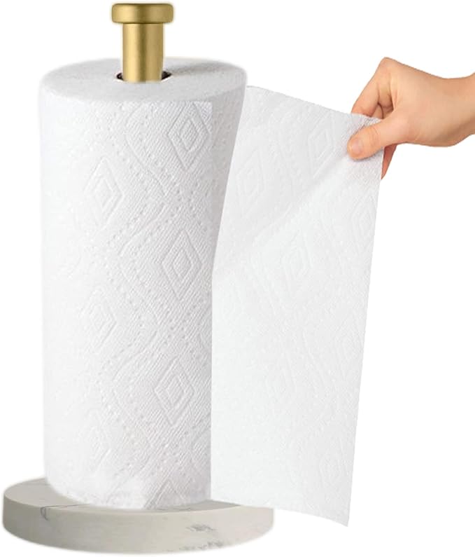 Paper Towel Holder Countertop, Standing Paper Towel Roll Holder for Kitchen Bathroom, with Weighted Marble Base for One-Handed Operation (Gold), Gold Paper Towel Holder, Marble