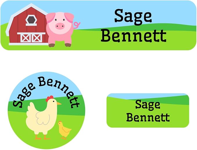 Name Bubbles - Kids Custom Name Labels for Daycare, School, Camp (144 Labels) - Personalized Waterproof Name Stickers for Clothes Tags, Lunch Boxes, Water Bottles, & School Supplies (Farm Animals)