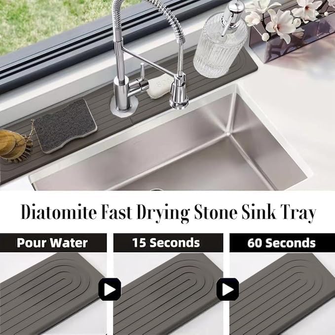 Quick Drying Stone Faucet Mat for Kitchen Sink, 23.6'' Long Diatomite Sink Tray, Faucet Splash Guard for Kitchen,Bathroom Counter, Prevents Moisture, Super Absorbent, White (Dark grey)