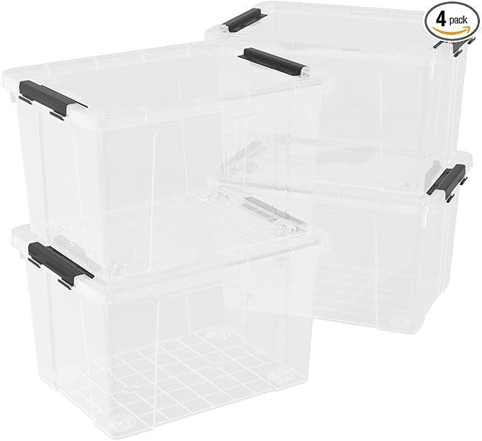 50 Quart Clear Storage Latching Bin with Lid, Large Plastic Storage Box with Wheels, 4 Packs