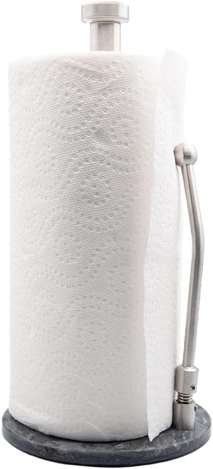 Paper Towel Holder with Marble Base – Heavy Weighted Countertop Holder, Stainless Steel Stand with Natural Stone Base, Modern Kitchen Paper Towel Dispenser