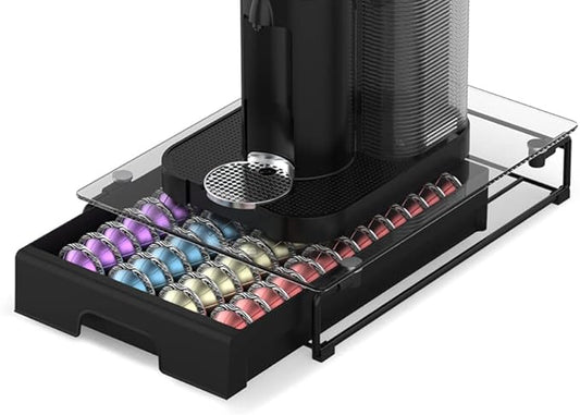 EVERIE Crystal Tempered Glass Organizer Drawer Holder Compatible with Nespresso Vertuo Capsules, Compatible with 40 Big or 52 Small Vertuoline Pods, 12'' Wide by 15.6'' Deep by 3.5'' High