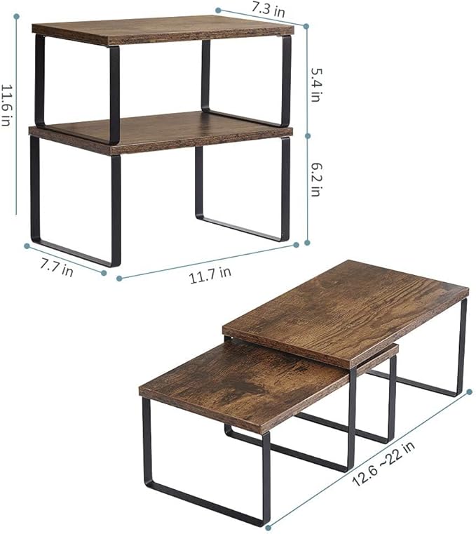 MOOACE Kitchen Counter Shelf, Stackable Cabinet Shelf Organizers Expandable Countertop Shelf for Pantry - Set of 4 - Brown