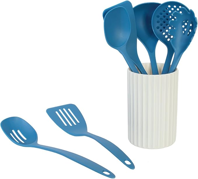 Glad Kitchen Utensils Set, 8pcs - Nonstick Cooking Tools with Utensil Holder - Nylon Spoon, Ladle, Skimmer, Spaghetti Server, and Turner Spatula Set - Dishwasher Safe, Blue
