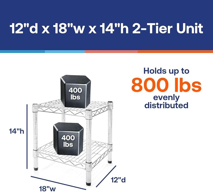 Shelving Inc. 12" d x 18" w Chrome Wire Shelving with 2 Tier Shelves, Weight Capacity 800lbs Per Shelf