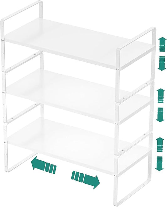 SUZLON Expandable Cabinet Shelf Organizer Rack, Stackable Kitchen Counter Storage Shelves Stand, Adjustable Height Pantry Shelf Spice Rack, Heavy Duty Nonslip White Large 3Pack