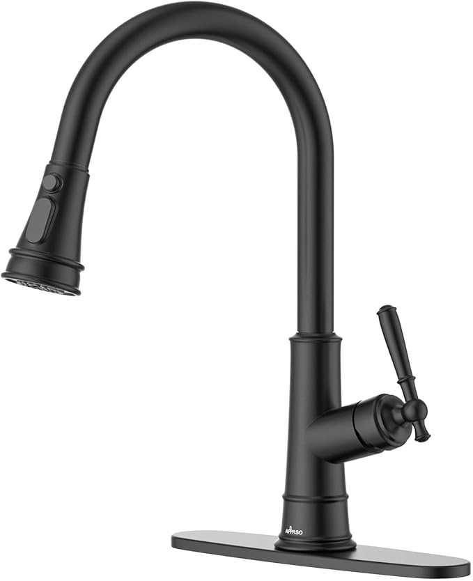 APPASO Black Kitchen Faucet with Pull Down Sprayer, Patented Design Single Handle High Arc Single Hole Pull Out Kitchen Sink Faucets, cUPC-Certified Pull-Out Hose, Water Supply Tubing & Valve Core