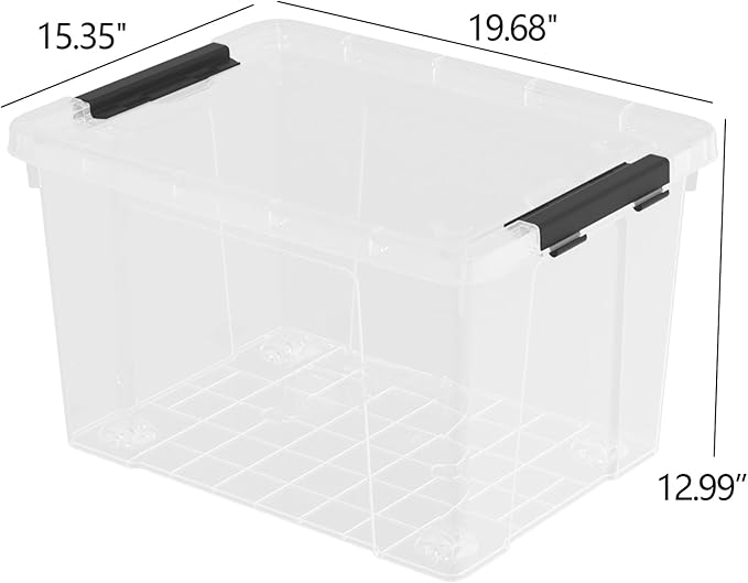 50 Quart Clear Storage Latching Bin with Lid, Large Plastic Storage Box with Wheels, 4 Packs
