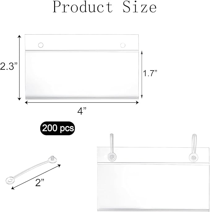 200 Pieces Wire Shelf Label Holders,4" x 2.3" Clear Price Tag Holder for Wire Plastic Shelving with Double Snap Lock Closure,Reusable Basket Label Holders for Retail Market and Home