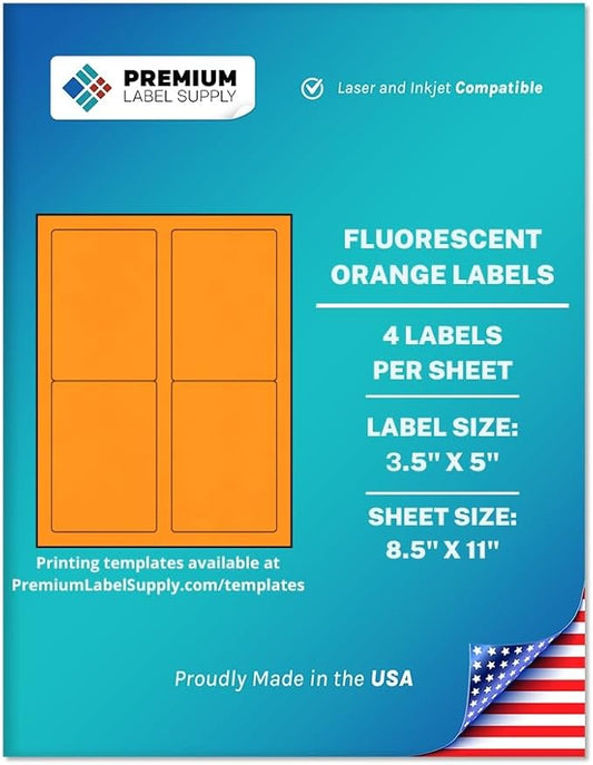 Premium Label Supply Bright Neon Color Fluorescent Sticker Labels - 3.5" x 5" Labels - (Fluorescent Orange, 2000 Labels)