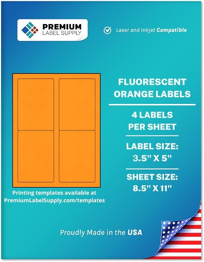 Premium Label Supply Bright Neon Color Fluorescent Sticker Labels - 3.5" x 5" Labels - (Fluorescent Orange, 400 Labels)