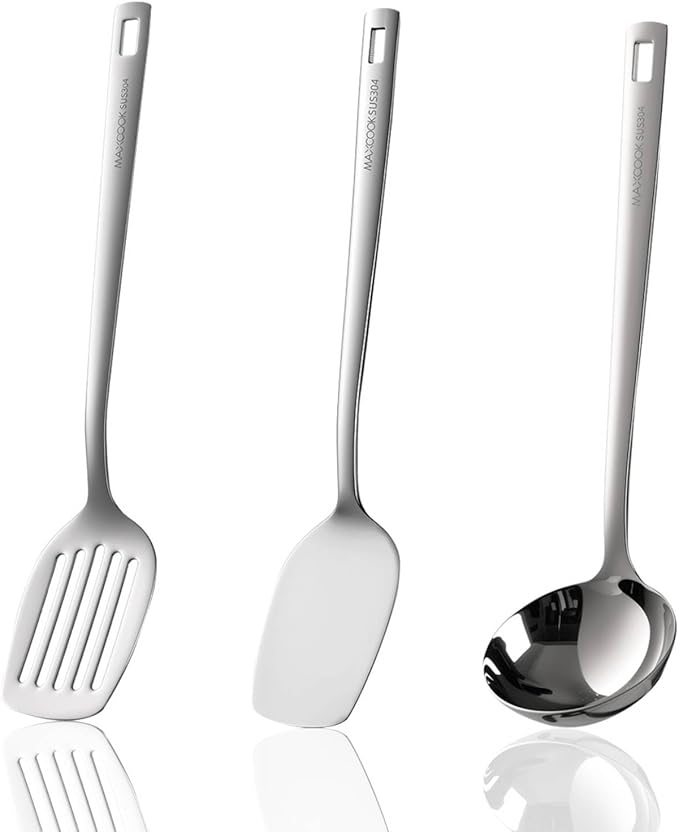 MAXCOOK Wok Spatula Set, 18/8 Stainless Steel Kitchen Cooking Utensils Spoon set, 3 Pieces Spatula Set for Kitchen Cooking