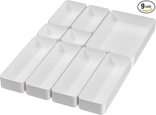 9 Pcs Stackable Drawer Organizer Trays Set, Multifunctional Stackable Storage Trays for Vanity, Bathroom, Kitchen, Desk Drawer Organizer Office. Plastic Drawer Organizers Available In 5 Colours, White