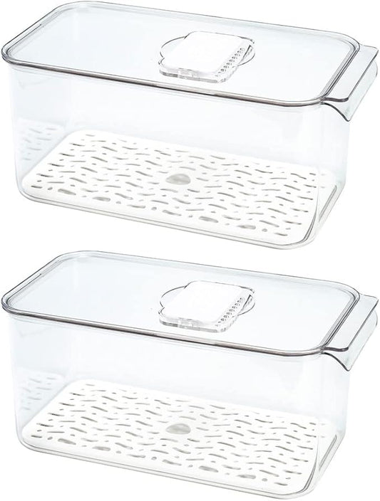 SANNO Produce Saver Refrigerator Organizer Bins with Lids And Removable Drain Tray Food Storage Container Fridge Stackable Freezer Bins For Kitchen Produce Fruit Vegetable (Set of 2)