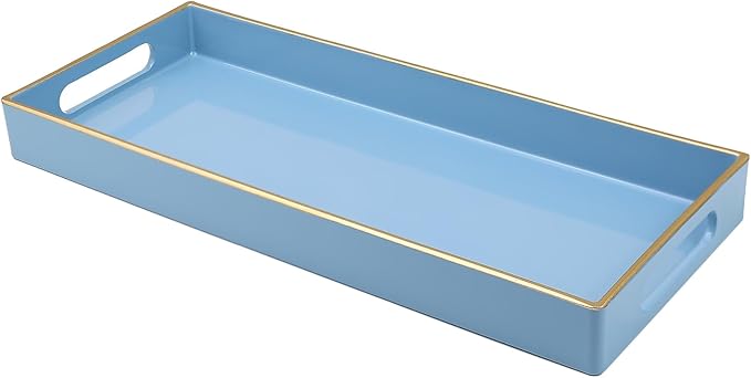 Leemxiiny Blue Bathroom Vanity Tray for Countertop, Small Plastic Toilet Tank Versatile Storage & Organization Tray for Makeup, Perfume, Desk, Kitchen, Candles, 13.7"x6"x1.4", 35BL