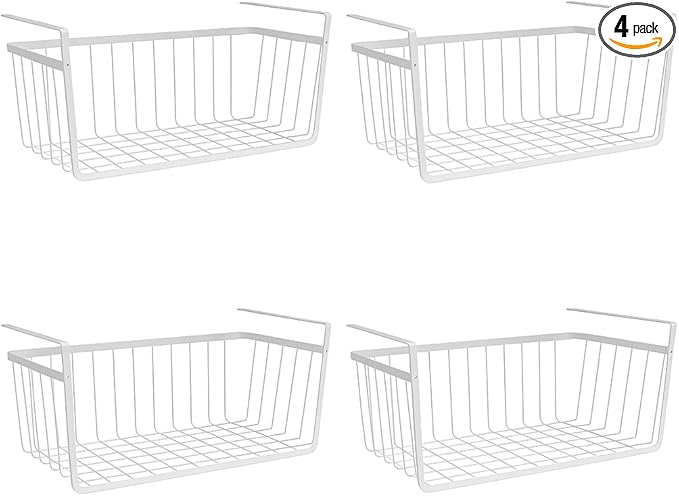 Modern Home Under Shelf Wire Storage Baskets – Hanging Organizer Rack for Cabinet, Pantry, or Closet – White Metal Basket for Kitchen, Towels, or Office – No Tools Required (Set of 4 15")