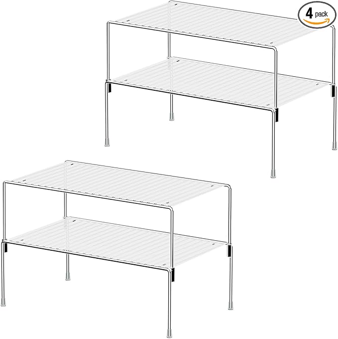 Set of 4 Kitchen Cabinet Organizer Shelves, Stackable Organizer and Storage for Cabinet Cupboard, Expandable Shelf Risers Plate Rack with Anti-Slip Plastic Liner