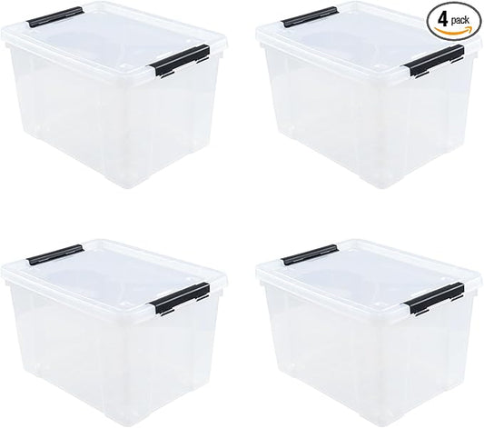 4-Pack 50 L Wheeled Clear Plastic Storage Latch Box, Large Clear Storage Bin with Lid