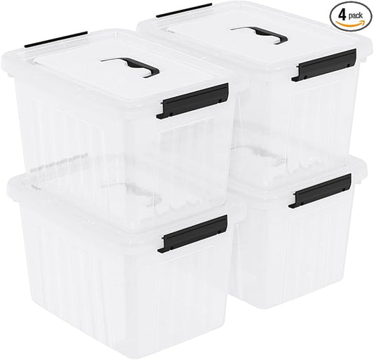 4 Pack Plastic Storage Boxes, Lidded Storage Bins with Handle, 20L, Clear