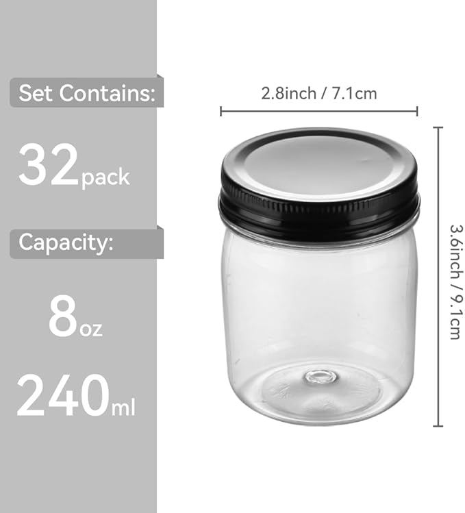 Plastic Mason Jars Reusable Storage Containers with Silver Airtight Lid 8 Ounce Clear Jars for Dry Foods, Coffee,BPA Free (32 Pack-Black)