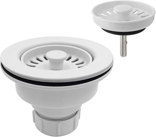 3-1/2 Inch Polymer White Sink Drain Assembly with Basket Strainer and Stopper for Quartz, Granite or Fireclay Kitchen Sinks, with 2 Removable Basket Strainers