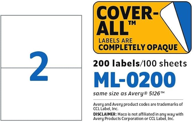 Cover-All Printable Labels for Shipping - Laser/Ink Jet Compatible Shipping Labels, 2 per Sheet, 5-1/2" x 8-1/2", Box of 100 Pages/200 Labels, White