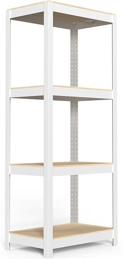 4 Tier Metal Shelves Unit, Adjustable Pantry Organizers and Storage Shelves, Shelving Unit for Closet with Clothes Rod, Storage Rack for Pantry, Laundry, Kitchen - White & Wood Color