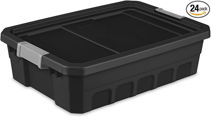Sterilite 24-Pack Plastic Storage Bins with Lids, Stackable Containers, 10 Gallon, Black