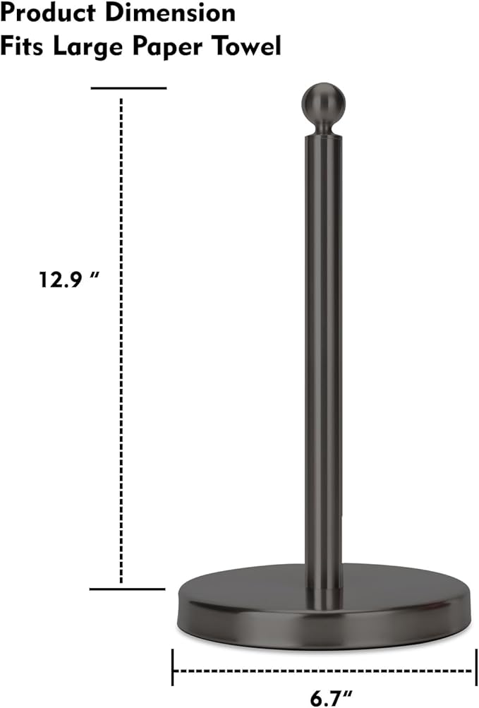 Kalitro Paper Towel Holder Countertop, Standing Paper Towel Roll Holder for Kitchen Bathroom, with Weighted Base for One-Handed Operation, No Wobbly (Stainless Steel Base, Black)