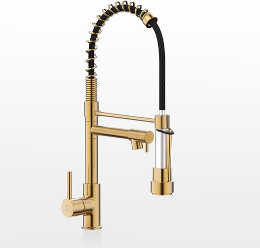 Kitchen Faucets with Pull Down Sprayer, Brushed Gold Faucet for Kitchen Sink with Dual Function Spray Head, Commercial Spring Single Hole Kitchen Sink Faucet with Dual Function Spray Head