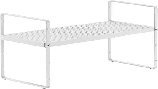 jkxoo Expandable Cabinet Countertop Shelves 16.5-27’’L, Adjustable Metal Spice Rack Organizer, Stackable Kitchen Counter Storage Shelves Organizers for Cabinet Organization, White
