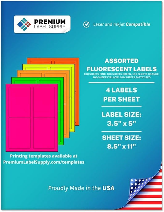 Premium Label Supply Bright Neon Color Fluorescent Sticker Labels - 3.5" x 5" Labels - (Assorted Fluorescent, 2000 Labels)