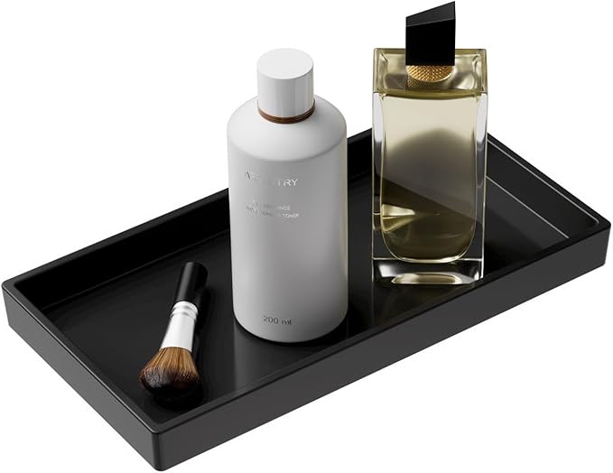 Mriluvy Vanity and Bathroom Tray, 7.7" ABS Countertop Organizer,Waterproof Vanity Tray for Toilet Tank,Perfume,Soap,Keys,Bathroom Accessories,Kitchen and Bath Trays,Non Slip Small Trays,Black