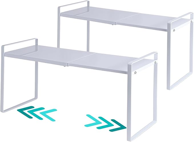LJHFUQHUHU 2 Pack Expandable Cabinet Shelf Organizer Riser for Kitchen Pantry Cupboard Under Sink Countertop (2 Pack 8.2’’D * 12.2-21.6’’W * 10.4’’H) (White)