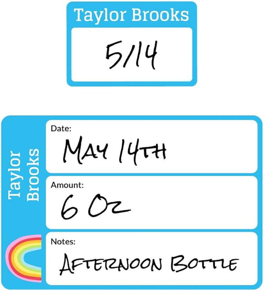 Name Bubbles - Reusable Baby Bottle Labels for Daycare (20 Labels) - Kids Washable Name Tags for Bottles, Sippy Cups, & Snack Containers, Waterproof, Baby Name Stickers, Write-On (Rainbows)
