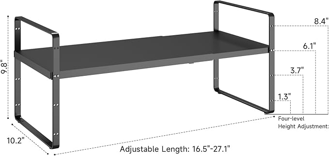 taiheis 16.5~27.1" Expandable Shelf Organizer, 1Pack 10.2" Wide Stackable Cabinet Shelf Organizers, Black Metal Sturdy Kitchen Counter Storage for Countertop, Adjustable Height Spice Rack