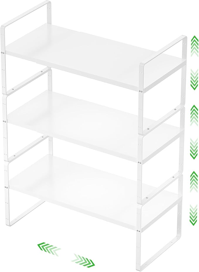 SOFRON Expandable Cabinet Storage Shelf Stackable Organizer Rack for Kitchen Bathroom Pantry Spice Cupboard Countertop Home Office Desk Heavy Duty Nonslip White Small 3 Pack