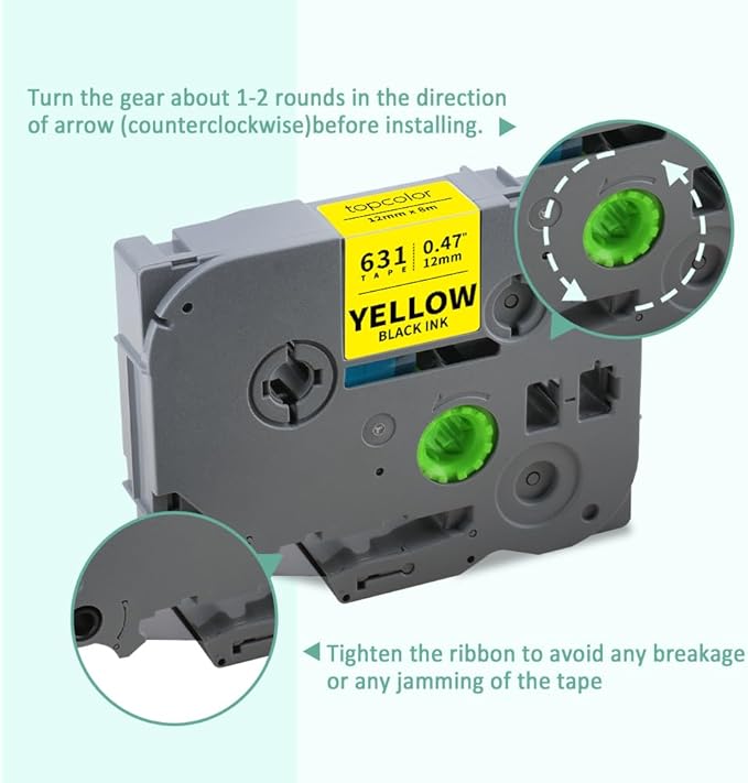 6-Pack Tze631 12mm 0.47 Laminated Yellow Label Tape Compatible for Brother Tze-631 Tze631 TZ-631 P Touch Label Tape Tz Tze 12mm 1/2" Black on Yellow for PTD210 PTD220 PTD400 PT1290 PT2040