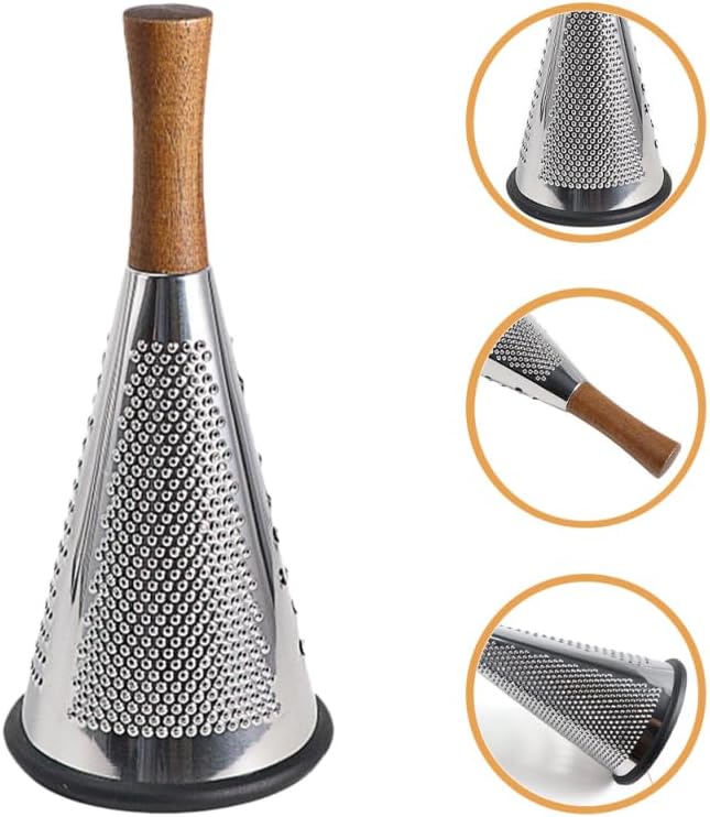 OFFSCH Stainless Steel Cone Cheese Grater with Wooden Handle - 3-Sided Vegetable Shredder for Grating Cheese Fruits and Vegetables - Kitchen Tool for Home Cooking and Food Preparation