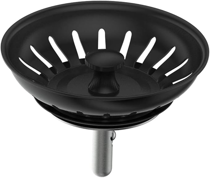 KANARY Kitchen Sink Basket Strainer Replacement for Standard Drains (3-1/2 Inch) Stainless Steel Body with Rubber Stopper (Single, Matte Black)