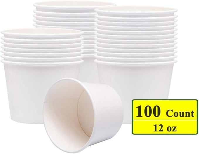 Belinlen Paper Ice Cream Cups, Paper Hot/Cold Soup Cups - 100 Count Cups (White) (12 oz)