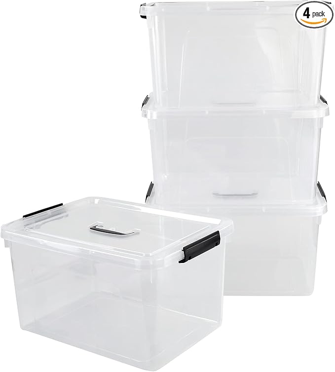 Zopnny 4-Pack 18 L Plastic Storage Box Container, Clear Latch Bin with Handle and Lid