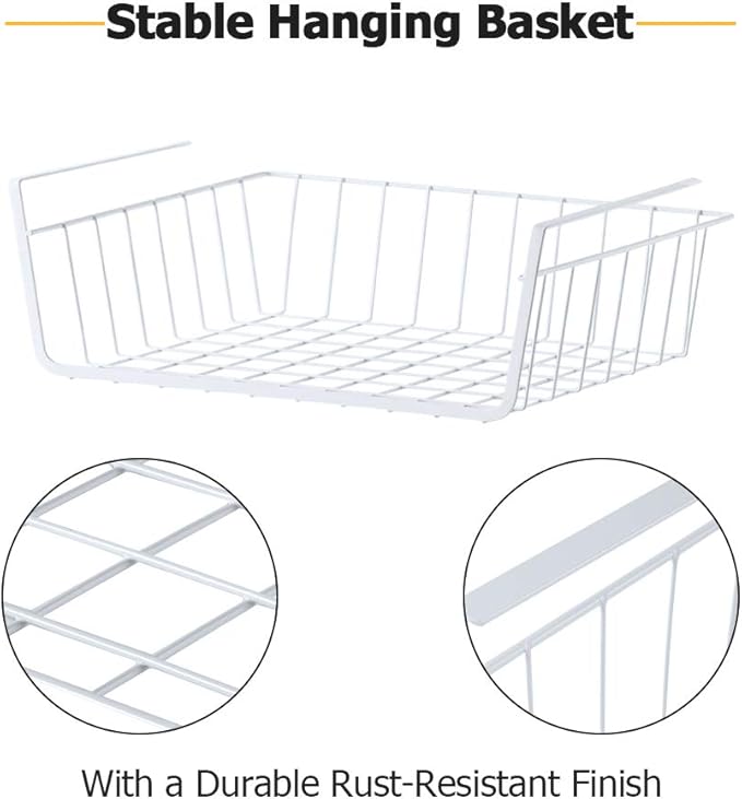 4 Pack Under Shelf Basket, Dveda Durable Metal Wire Rack Hanging Shelf Storage Basket, Under Cabinet Organizer Shelf for Kitchen/Pantry/Bathroom/Desk - Slide Arms Height:1.45 in(White)