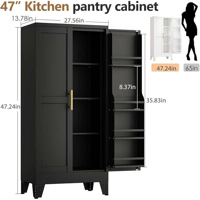 PAOFIN 47" Kitchen Pantry Cabinet, Metal Storage Cabinet with 3 Adjustable Layer Shelves, 8 Door Shelves, Buffet Sideboard for Living Room, Kitchen, Black