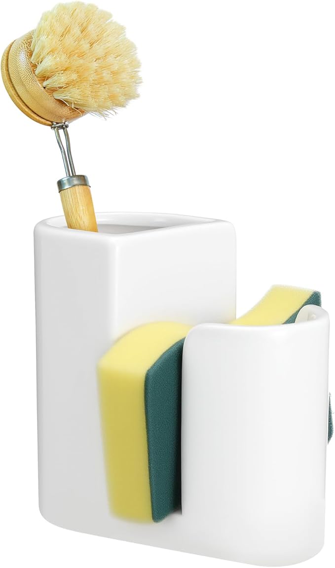 Geelin 2 in 1 Ceramic Kitchen Sink Caddy Dish Sponge Holder and Scrub Brush Holder for Kitchen Organizer Rustic Farmhouse Supplies