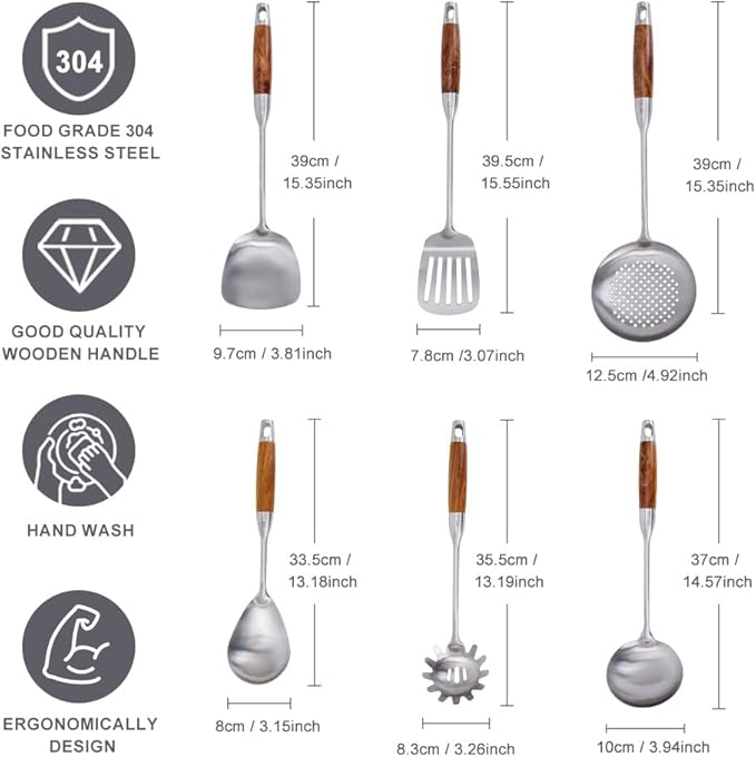 VALESKA 304 Stainless Steel Kitchen Utensils Set with Wood Handle, 6 PCS Metal Cooking Utensils Set, metal spoon,kitchen essentials, Non-Stick and Heat Resistant, Easy to Clean