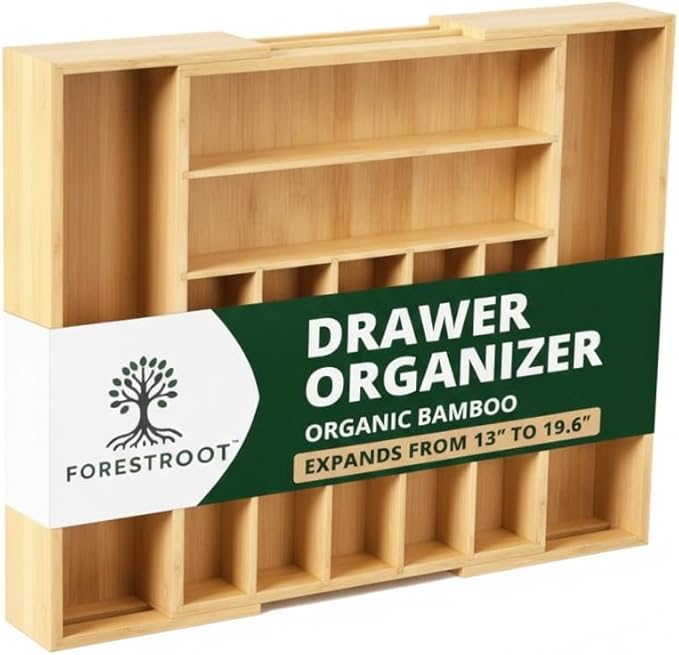 Forestroot Bamboo Drawer Organizer – Expandable 9 Slot Silverware & Utensil Tray for Kitchen, Office & Kitchen –Fits 13”–19.6” Drawers, Natural Bamboo Wood, Deep Compartments - Durable & Eco-Friendly