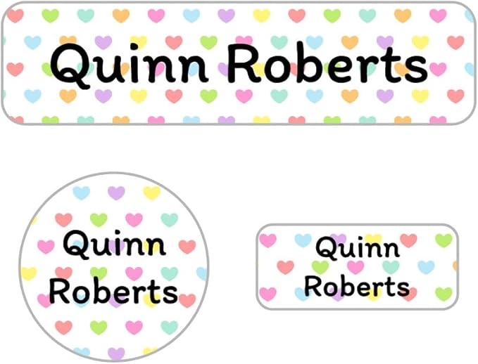 Name Bubbles - Kids Custom Name Labels for Daycare, School, Camp (102 Labels) - Personalized Waterproof Name Stickers for Clothes Tags, Lunch Boxes, Water Bottles, & School Supplies (Hearts)